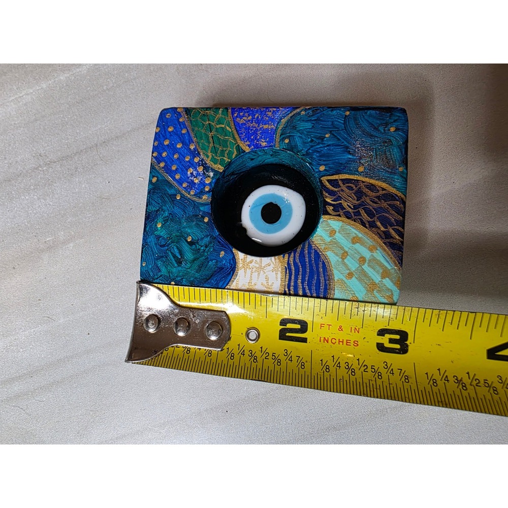 Hand Painted Wooden Evil Eye Nazar Decor Blue Gold Abstract Signed Art Block F1 - Picture 4 of 16